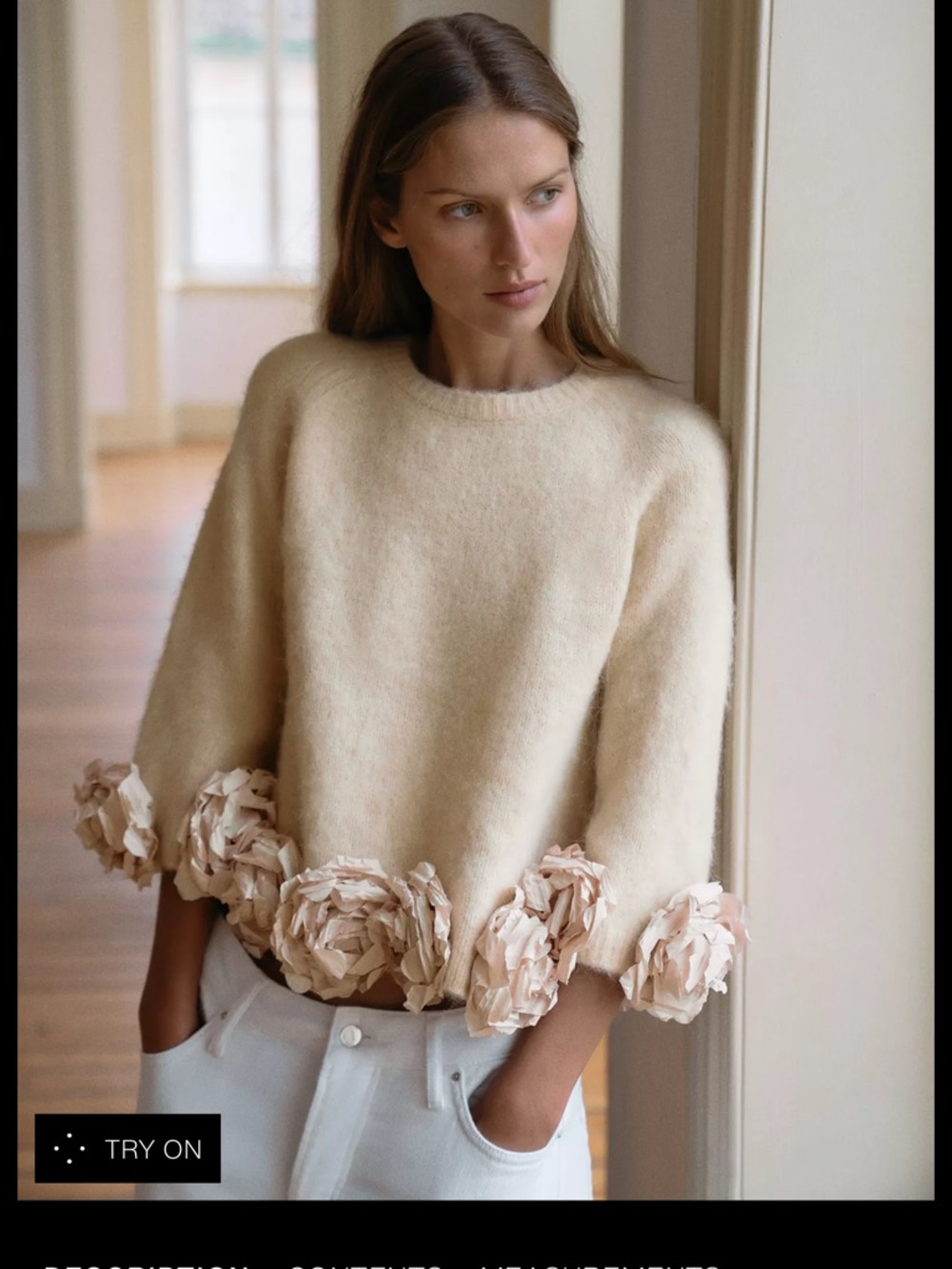 Zara Cream Crewneck Sweater with Floral Trim